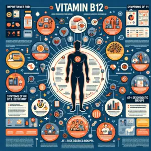 Infográfico resumindo as principais informações sobre vitamina B12.