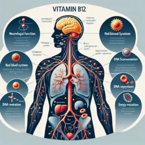 Diagrama mostrando as funções da vitamina B12 no corpo humano.